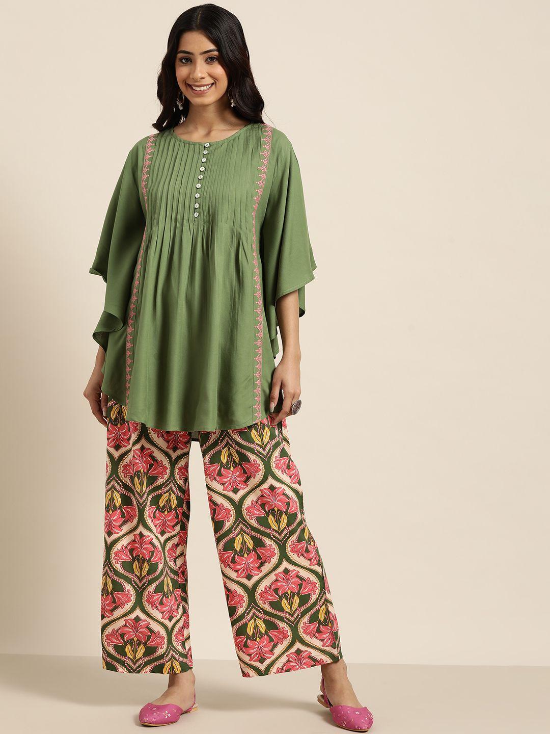 sangria women olive green & pink floral printed kurta with palazzos