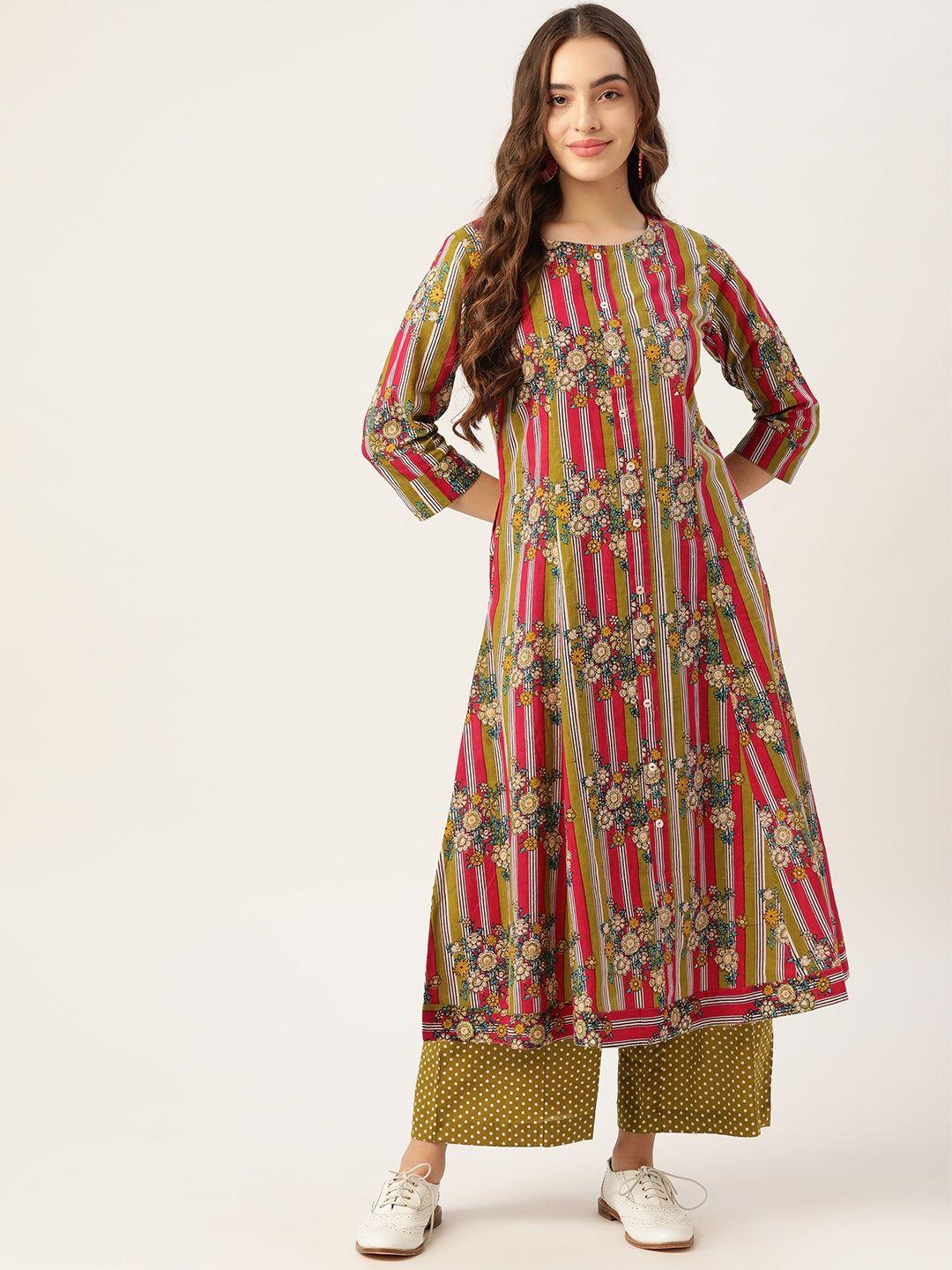 sangria women olive green & red ethnic motifs printed pure cotton kurta with palazzos