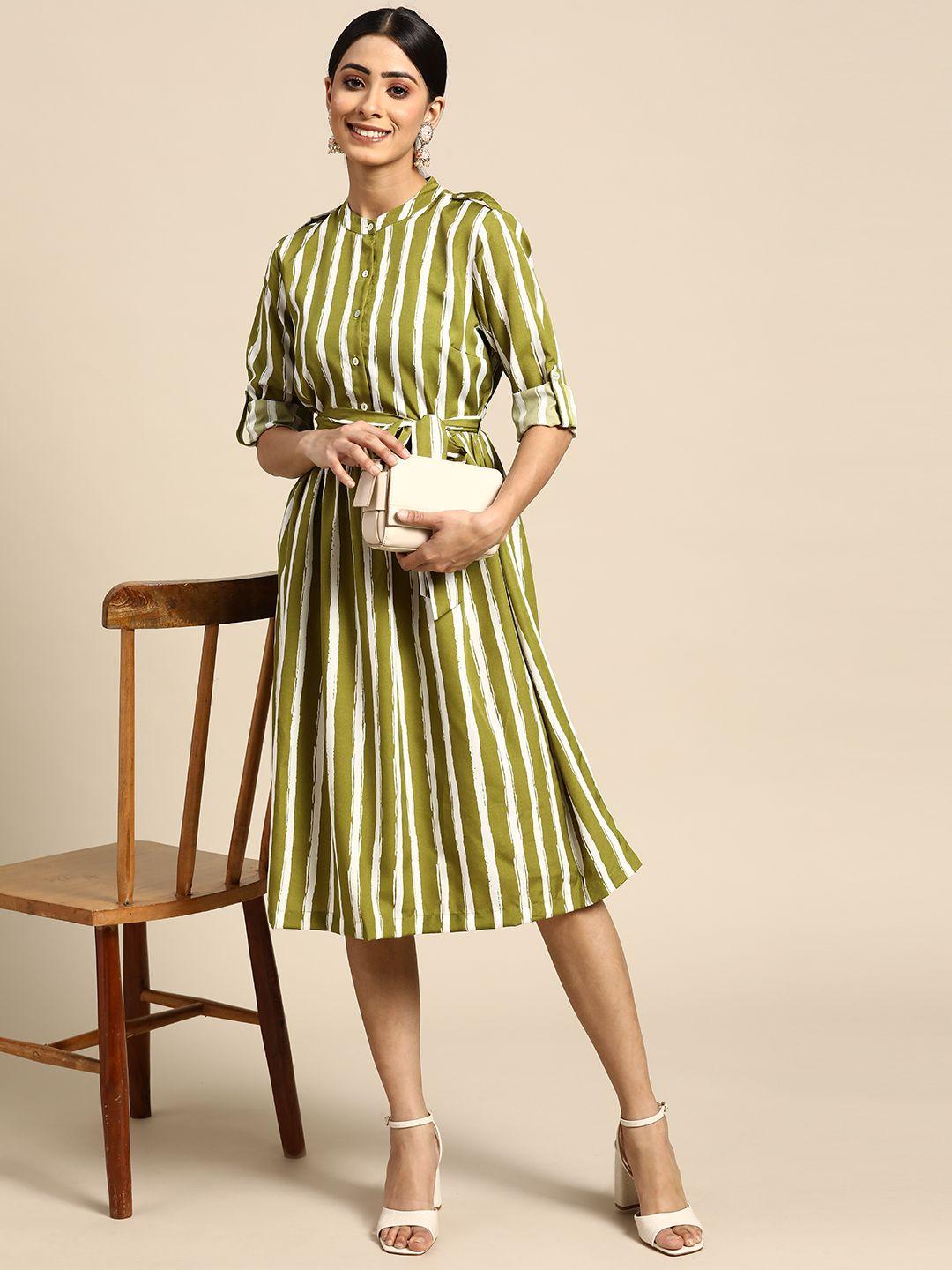 sangria women olive green & white striped a-line midi dress