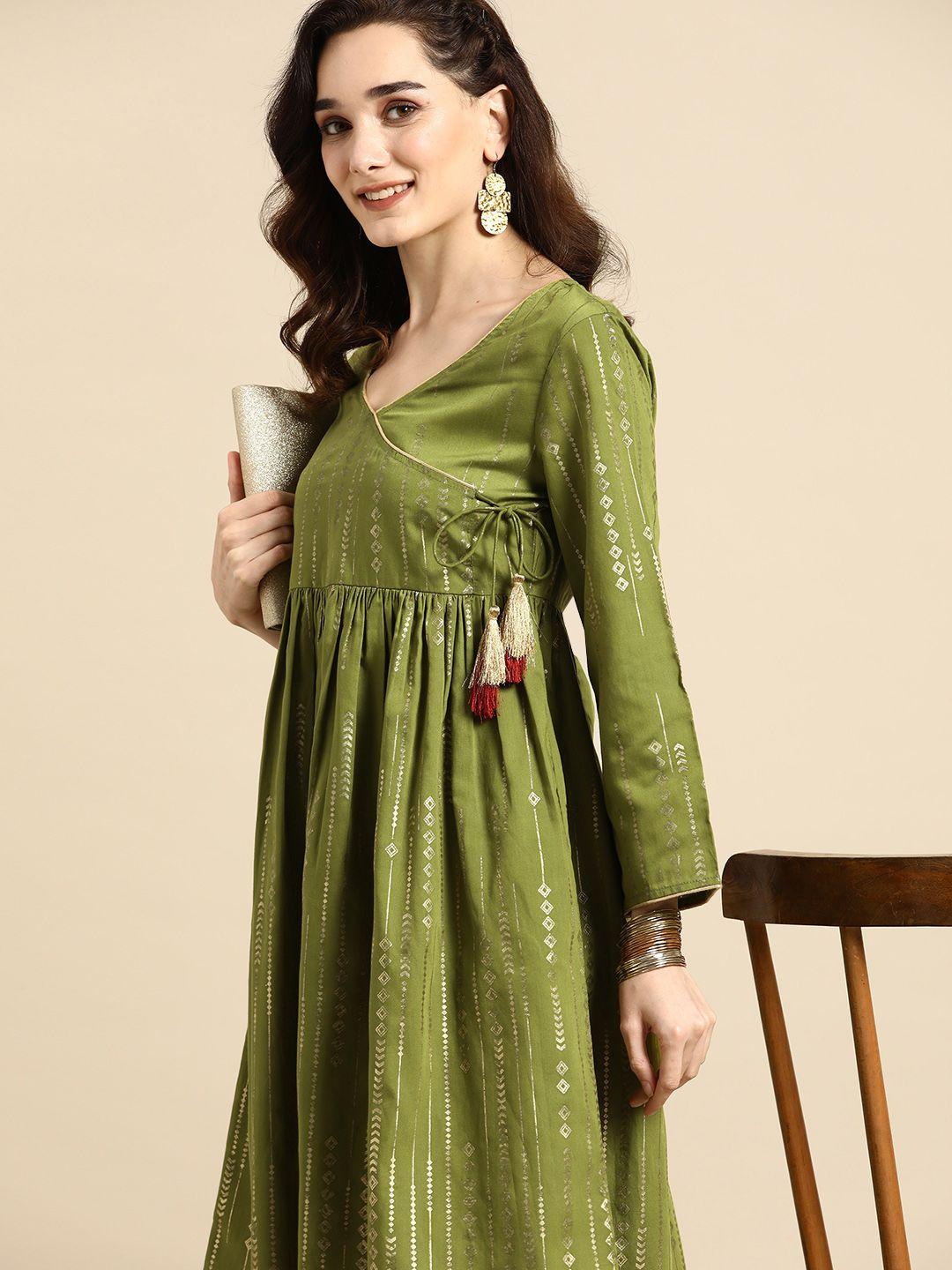 sangria women olive green ethnic motifs printed angrakha kurta with trousers