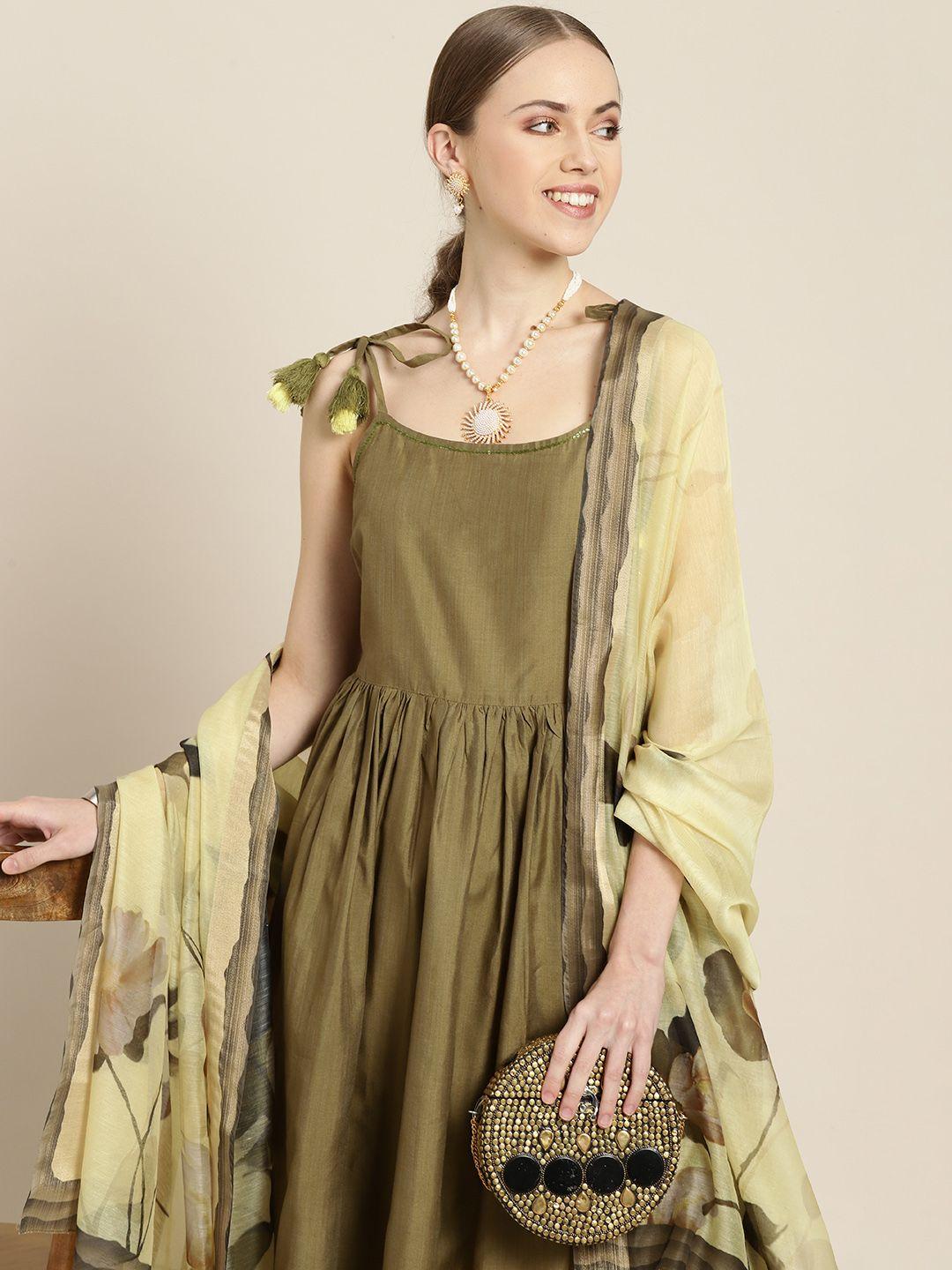 sangria women olive green pleated chanderi cotton kurta with trousers & with dupatta