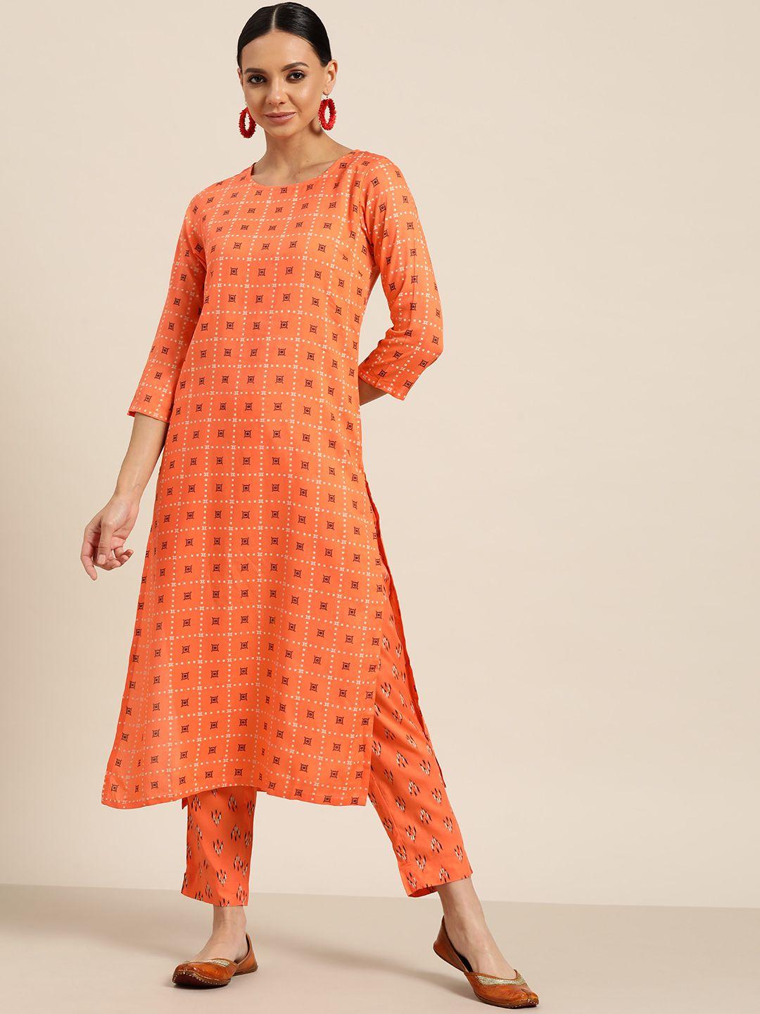 sangria women orange & black printed regular pure cotton kurta with trousers