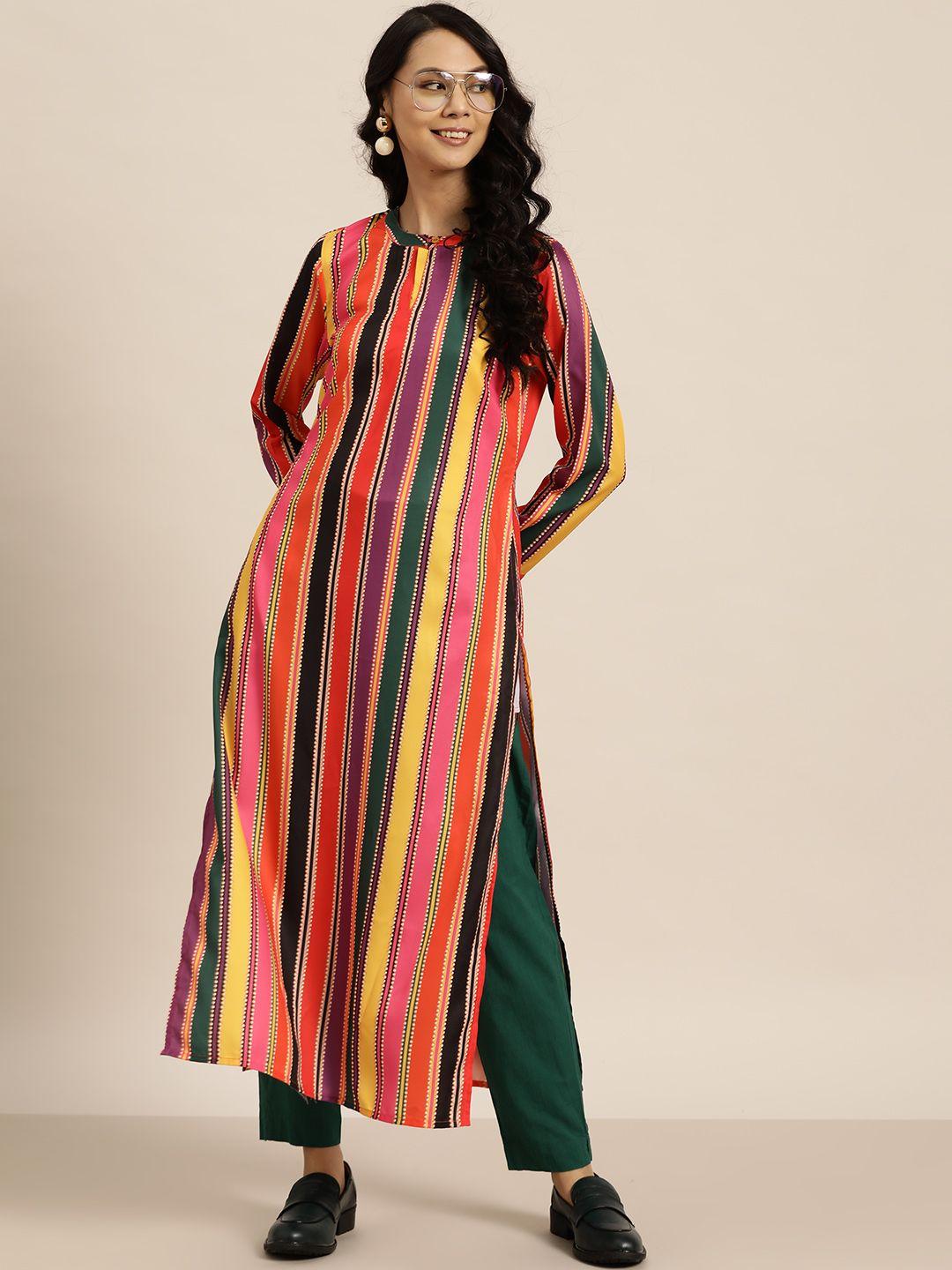 sangria women orange & black striped kurta