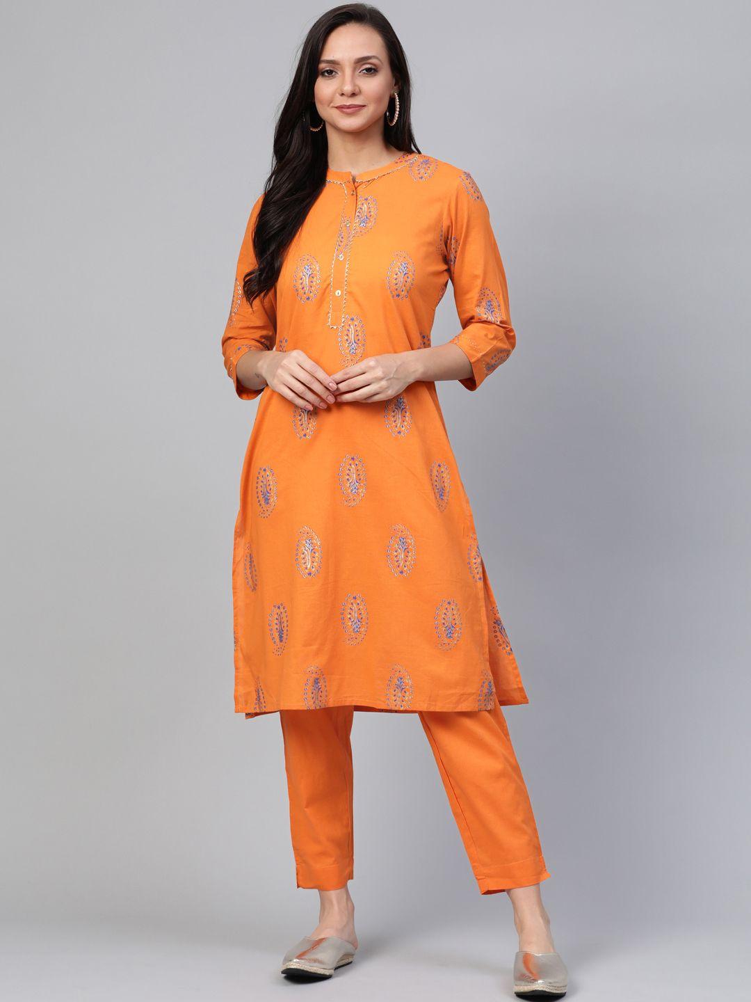sangria women orange & blue paisley printed kurta with trousers