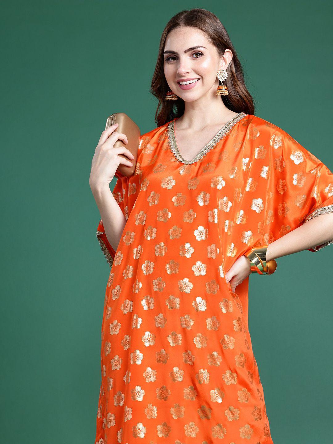 sangria women orange & gold-toned floral printed extended sleeves gotta patti floral kurta