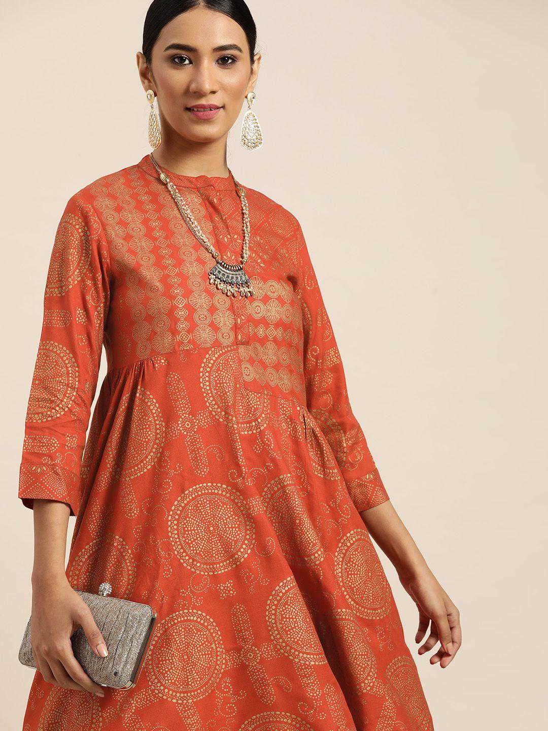 sangria women orange & golden printed a-line kurta with trousers
