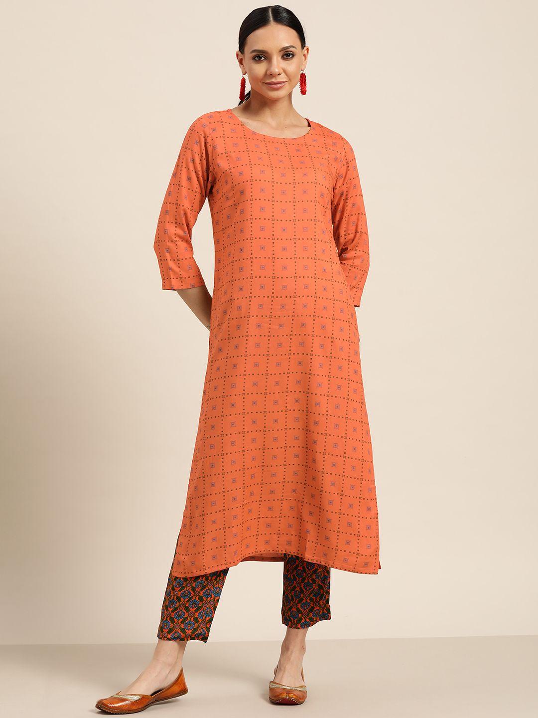 sangria women orange & green printed regular pure cotton kurta with trousers