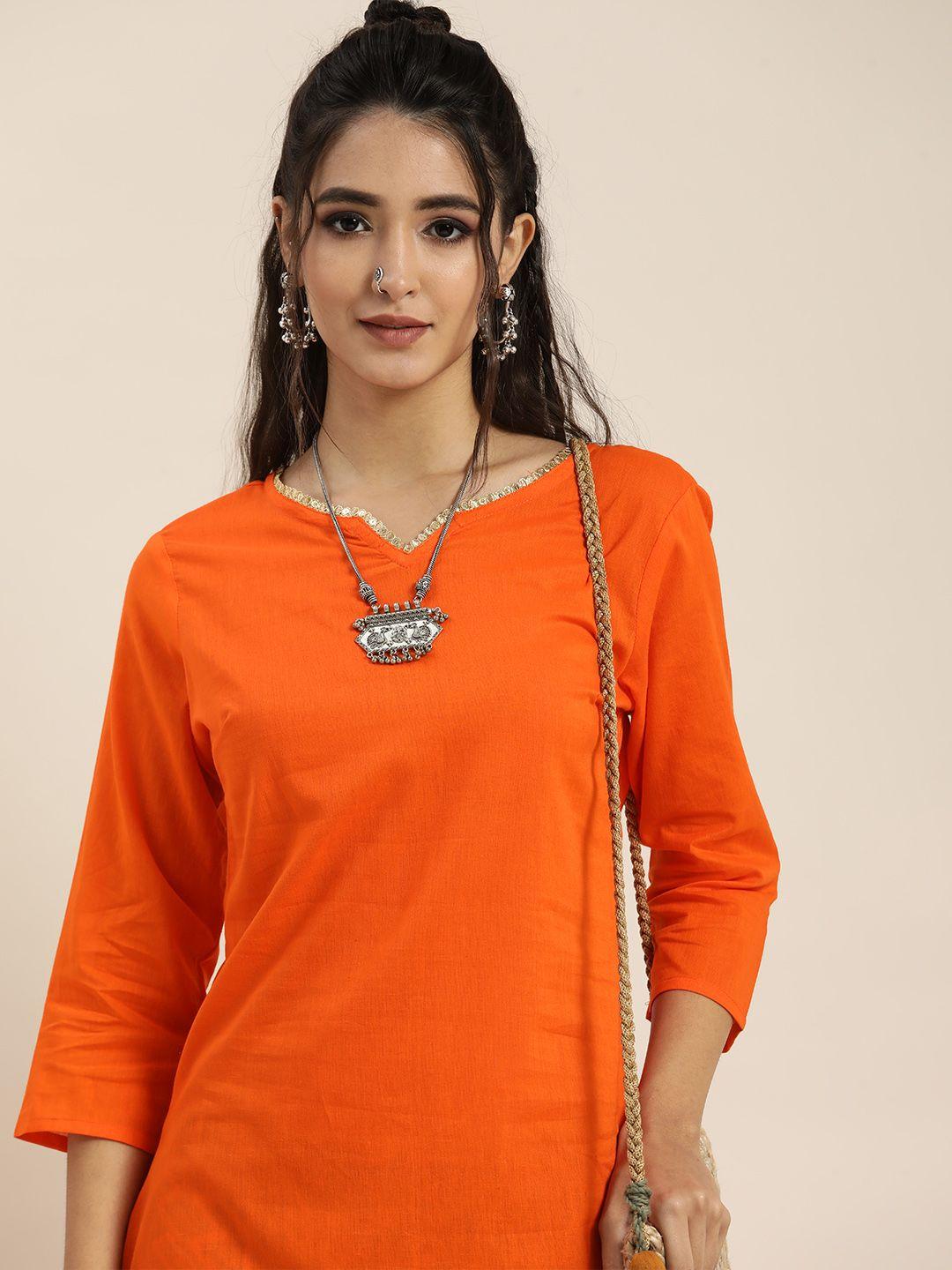 sangria women orange & green pure cotton solid mirror work kurta with bandhani trousers