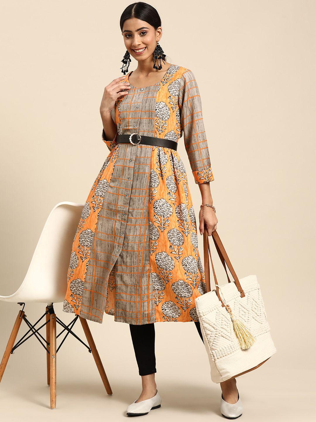 sangria women orange & grey floral printed kurta