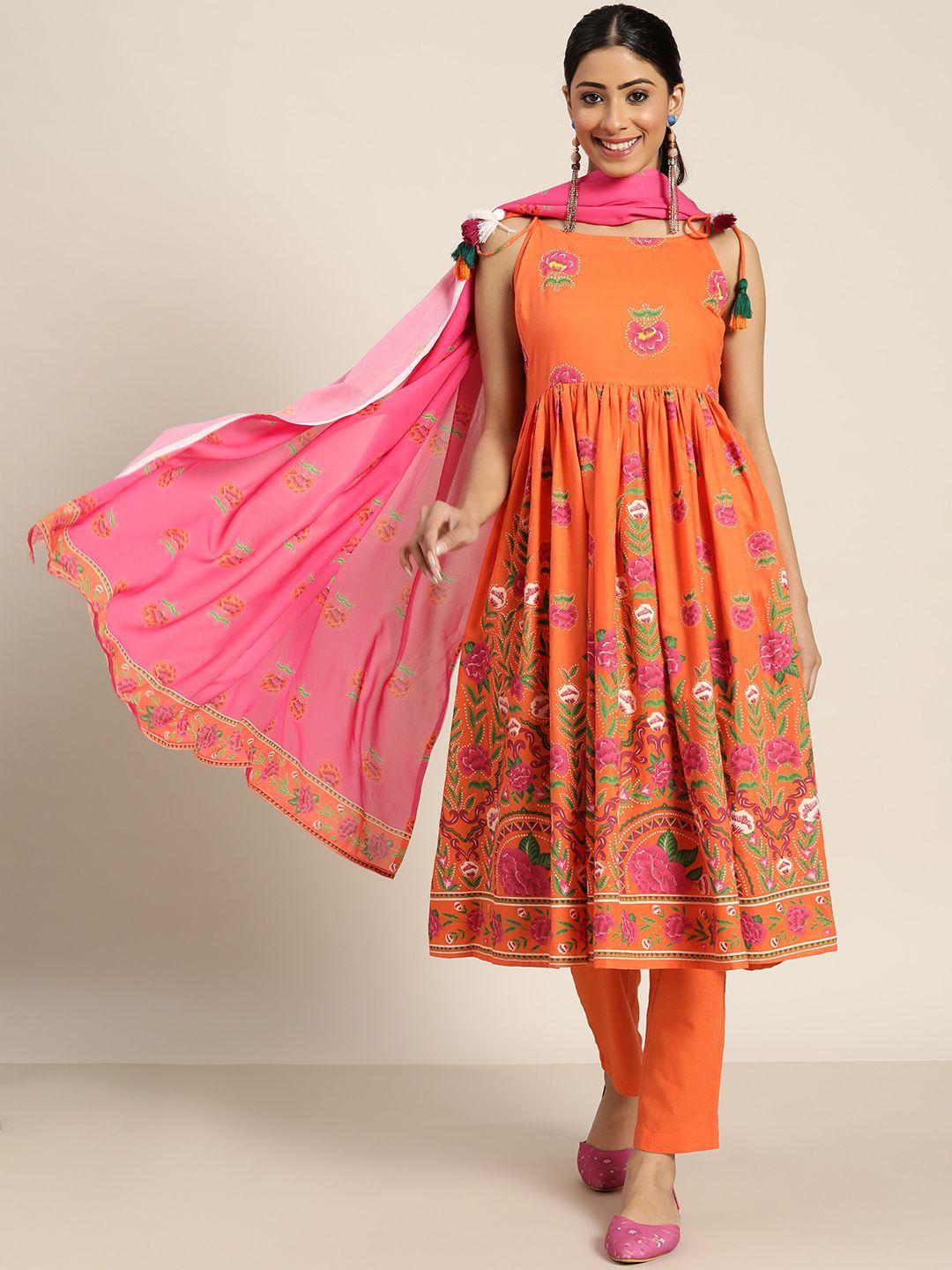 sangria women orange & red pure cotton printed panelled kurta with trousers & with dupatta