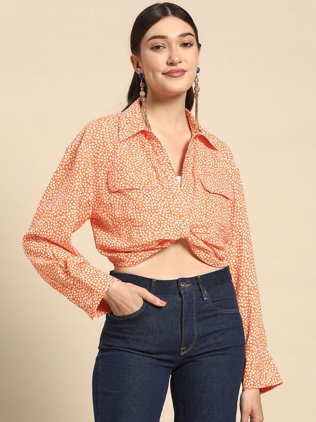 sangria women orange & white floral print crepe shirt style crop top