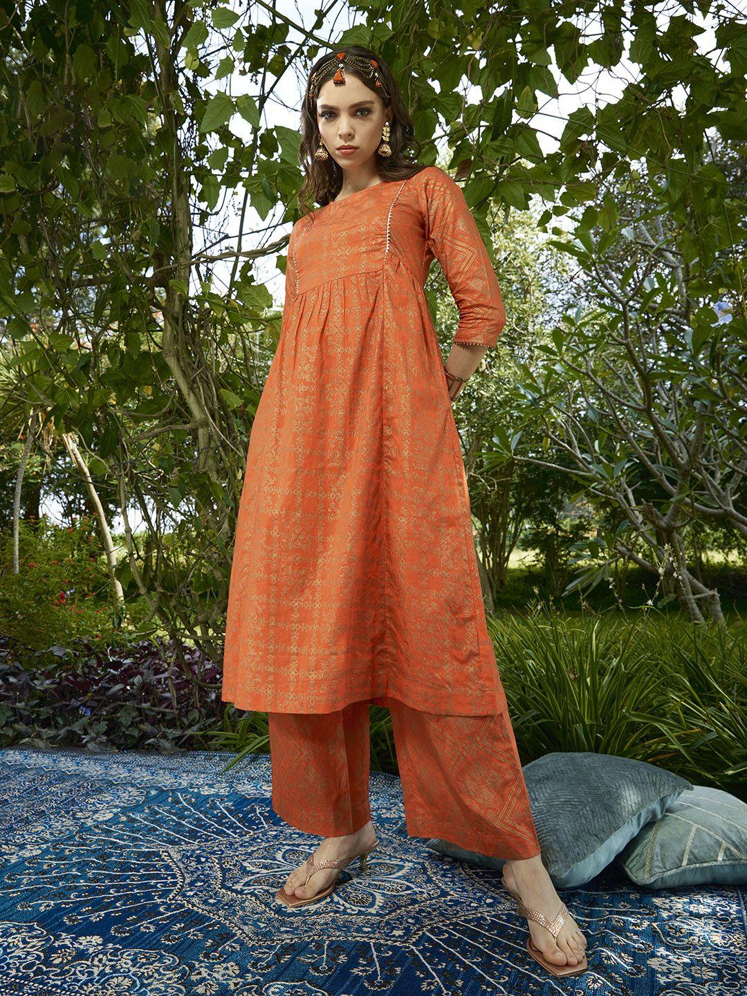 sangria women orange and golden ethnic printed pure cotton kurta with palazzos