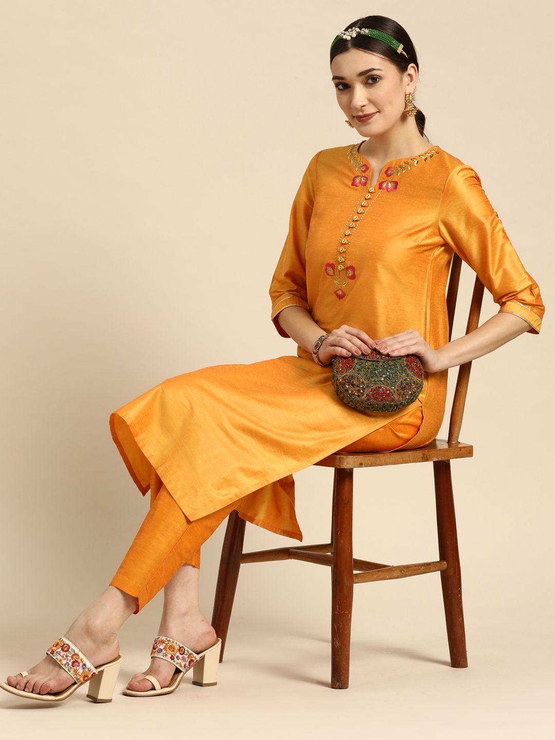 sangria women orange ethnic motifs embroidered kurta with trousers