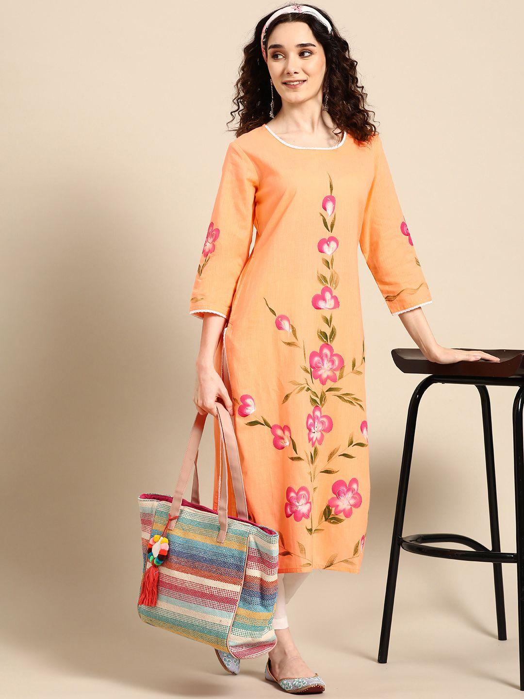 sangria women orange floral printed kurta