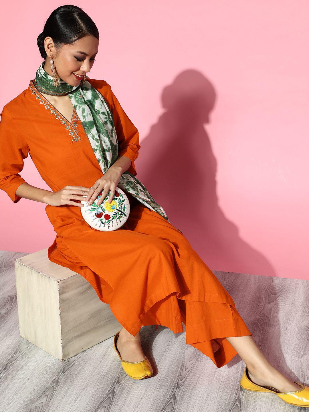 sangria women orange solid regular pure cotton kurta with palazzos & dupatta