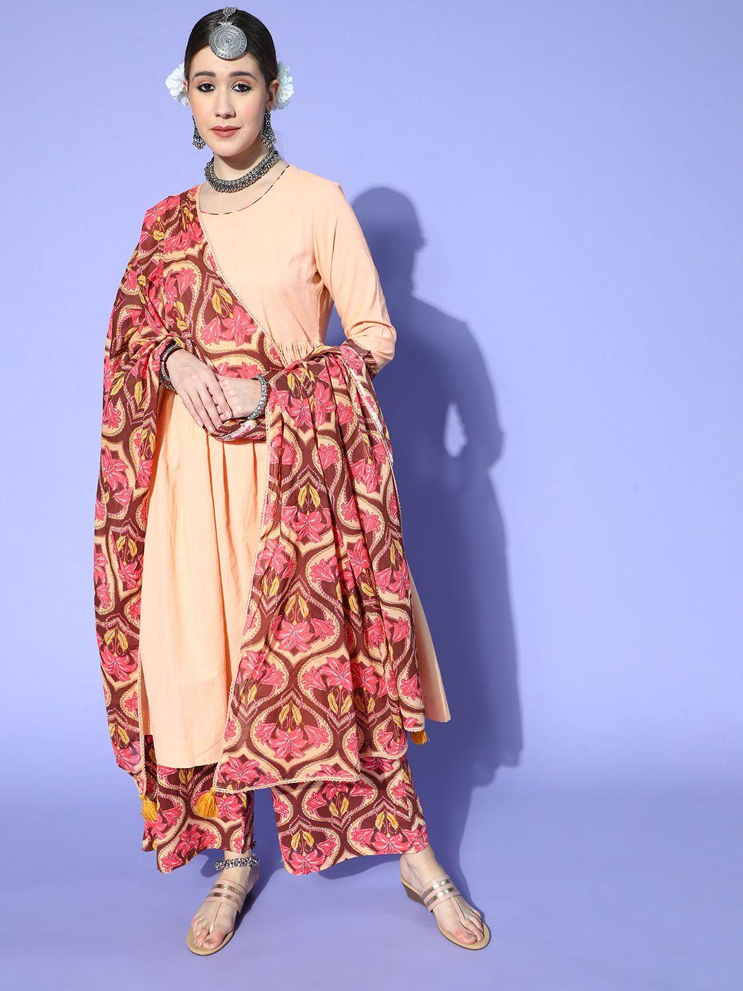 sangria women peach & pink floral pure cotton a-line kurta with palazzos & dupatta