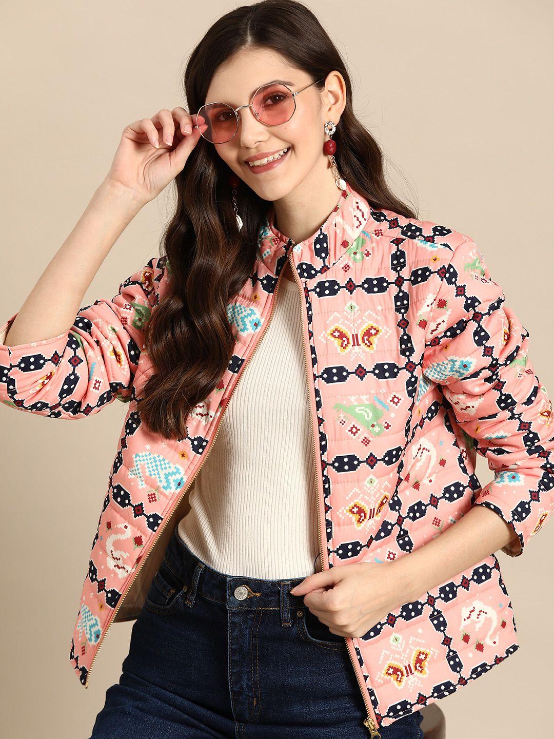 sangria women peach-coloured & navy blue printed padded jacket