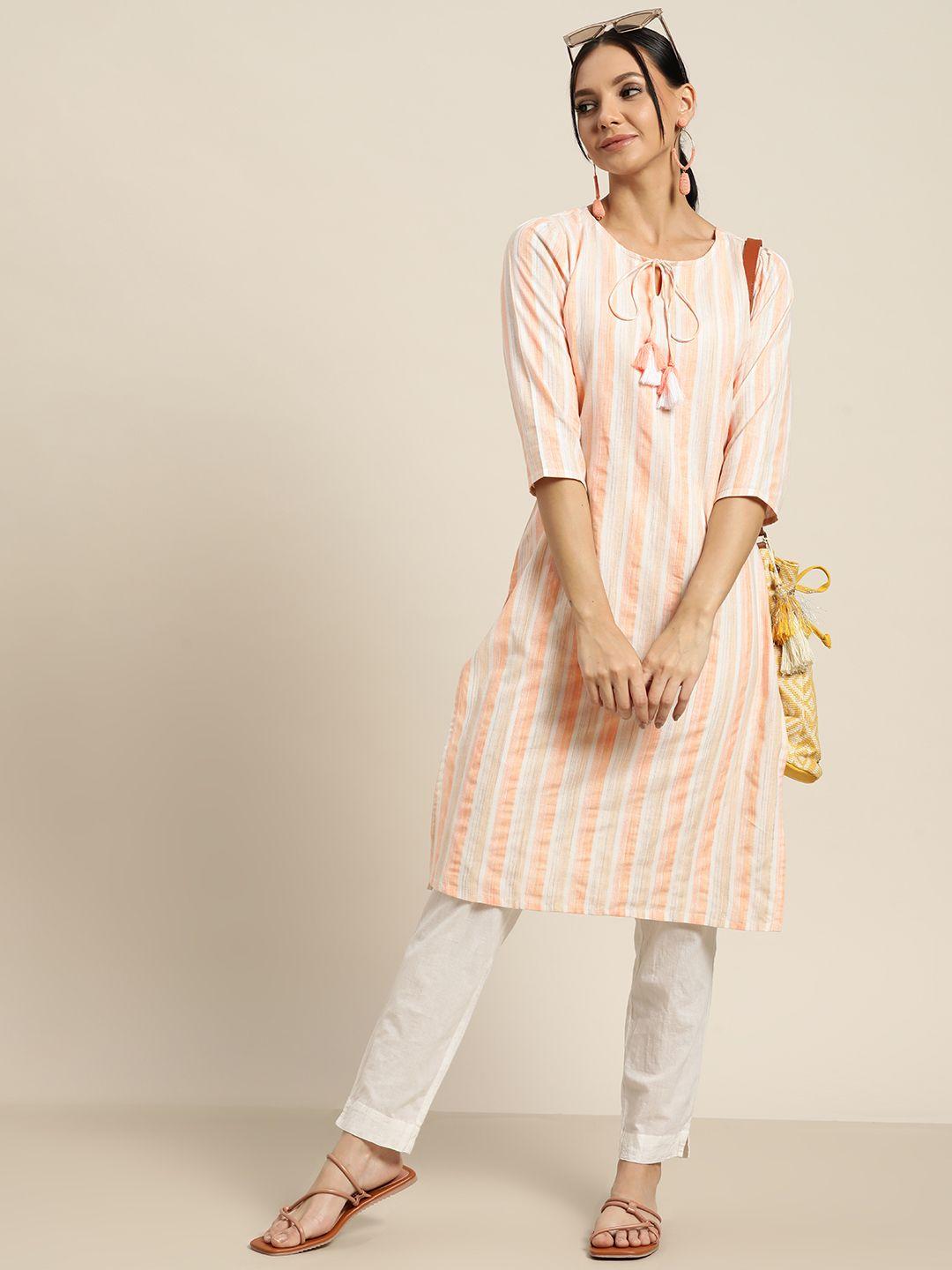 sangria women peach-coloured & off white tie-up neck striped straight kurta