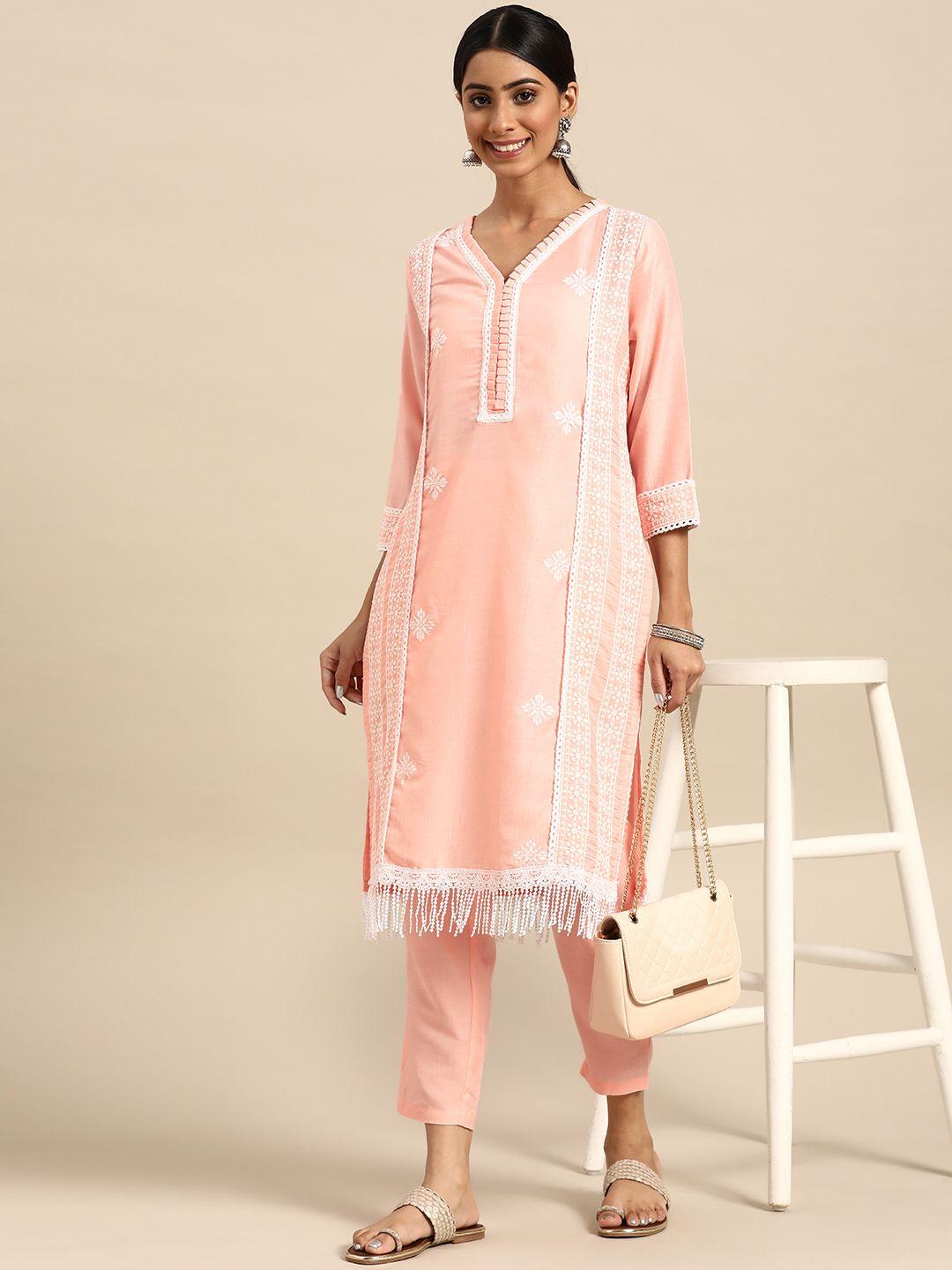 sangria women peach-coloured & white embroidered kurta with trousers