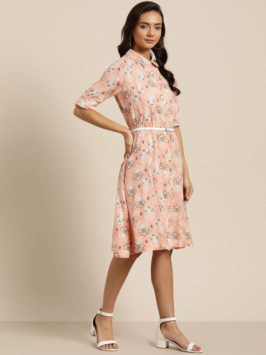 sangria women peach-coloured & white printed shirt dress