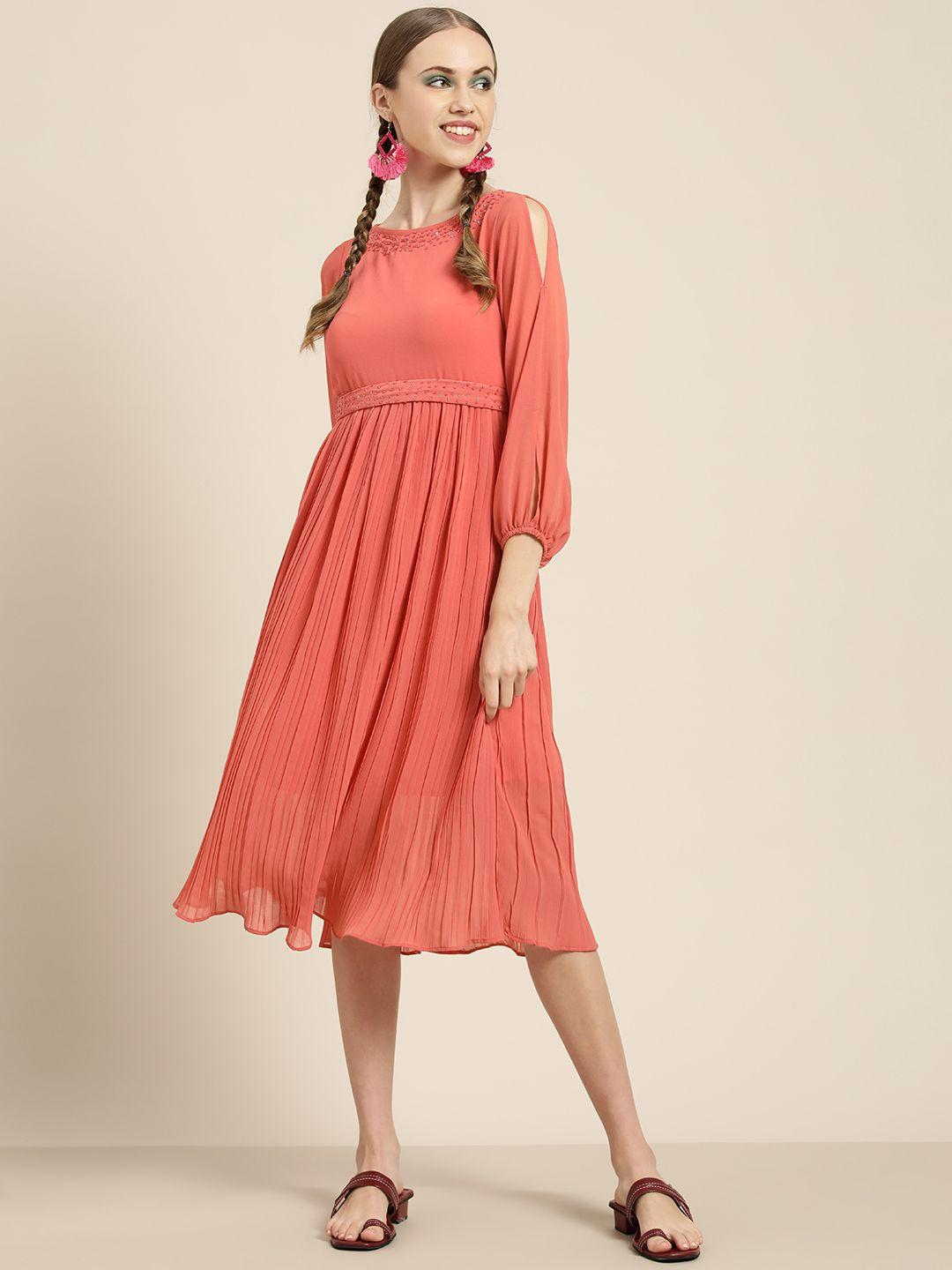 sangria women peach-coloured embellished detail a-line dress comes with a belt