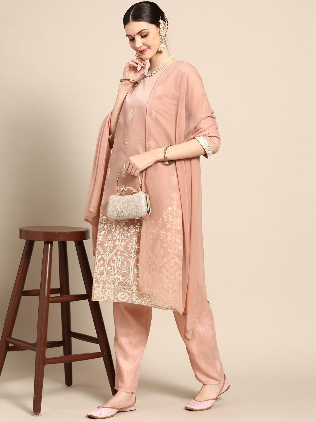 sangria women peach-coloured ethnic motifs printed chanderi cotton kurta with trousers & with dupatta