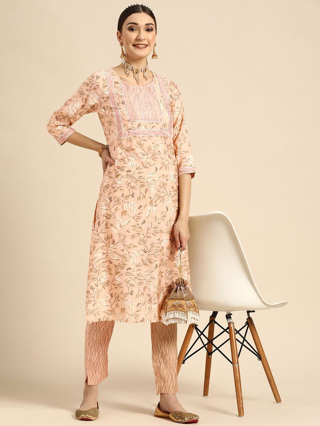 sangria women peach-coloured ethnic motifs printed gotta patti kurta with trousers