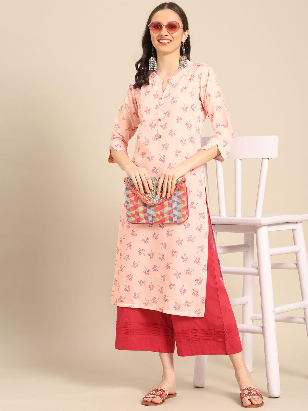 sangria women peach-coloured floral printed kurta