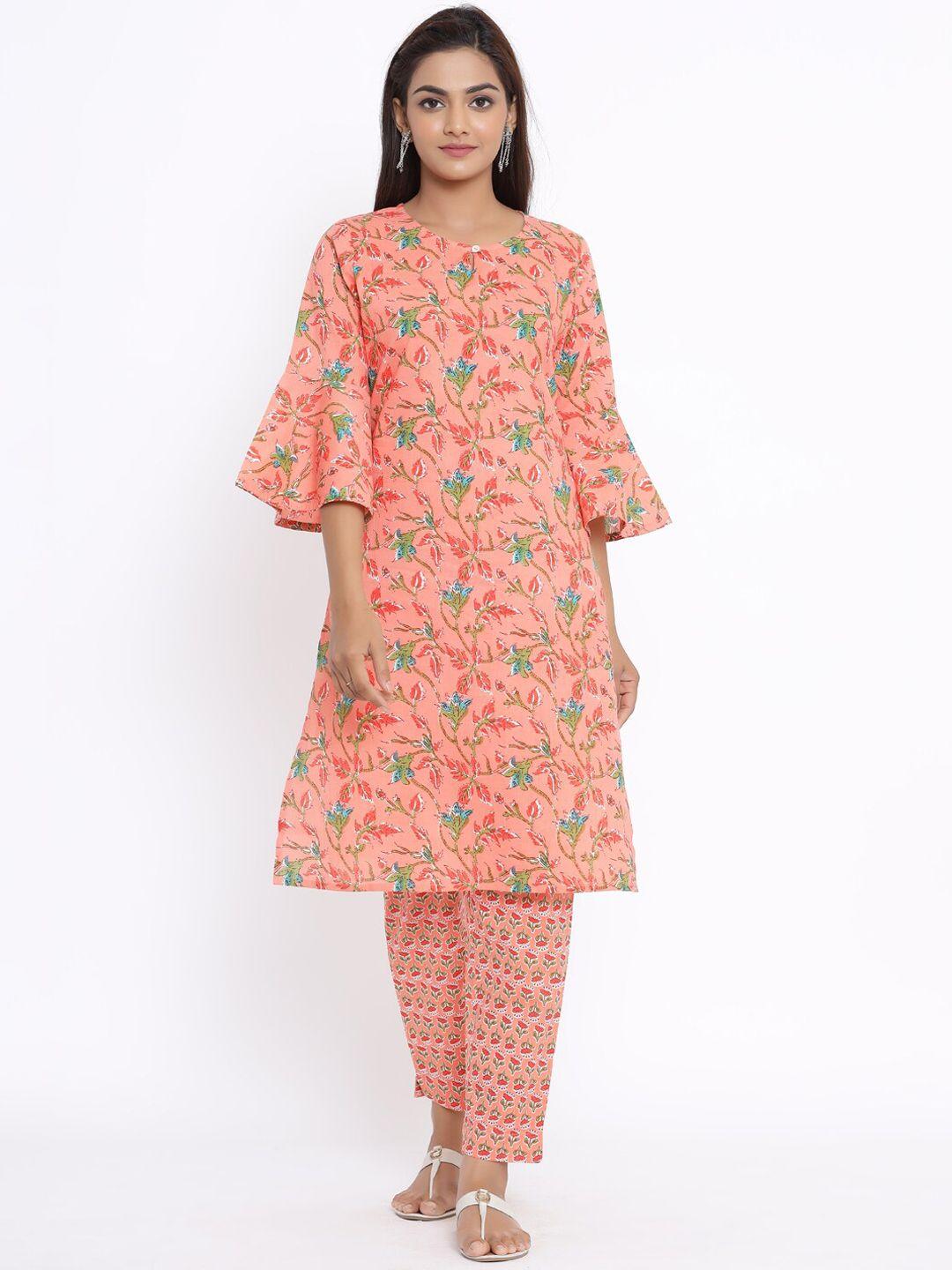 sangria women peach-coloured printed kurta with trousers