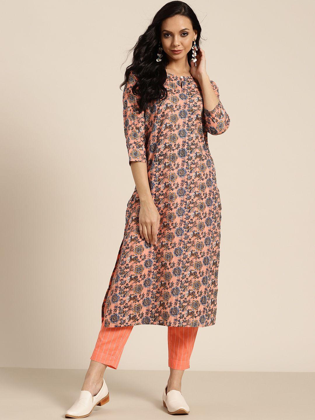 sangria women peach-coloured pure cotton floral print regular kurta with trousers