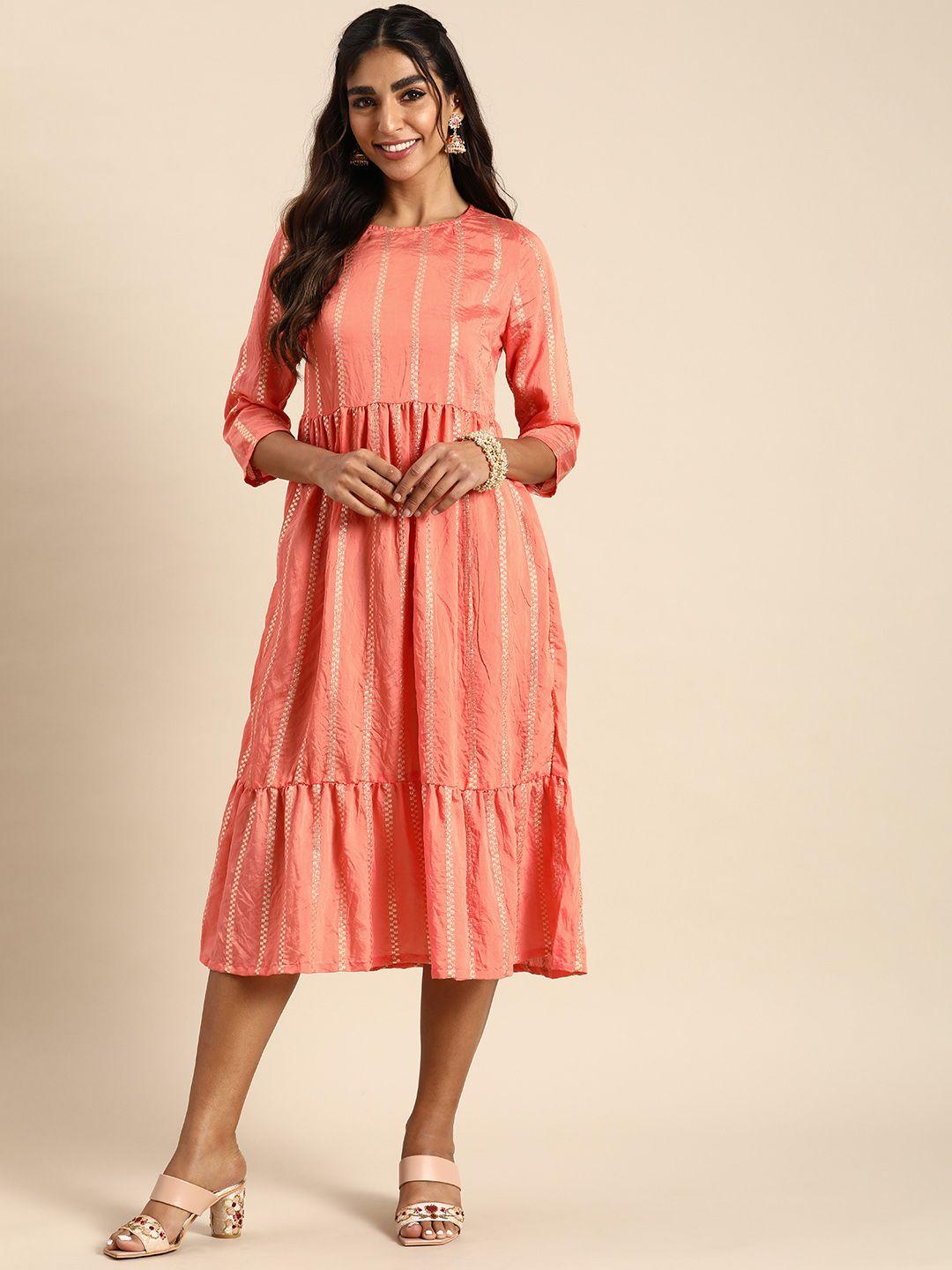 sangria women peach-coloured striped ethnic dress