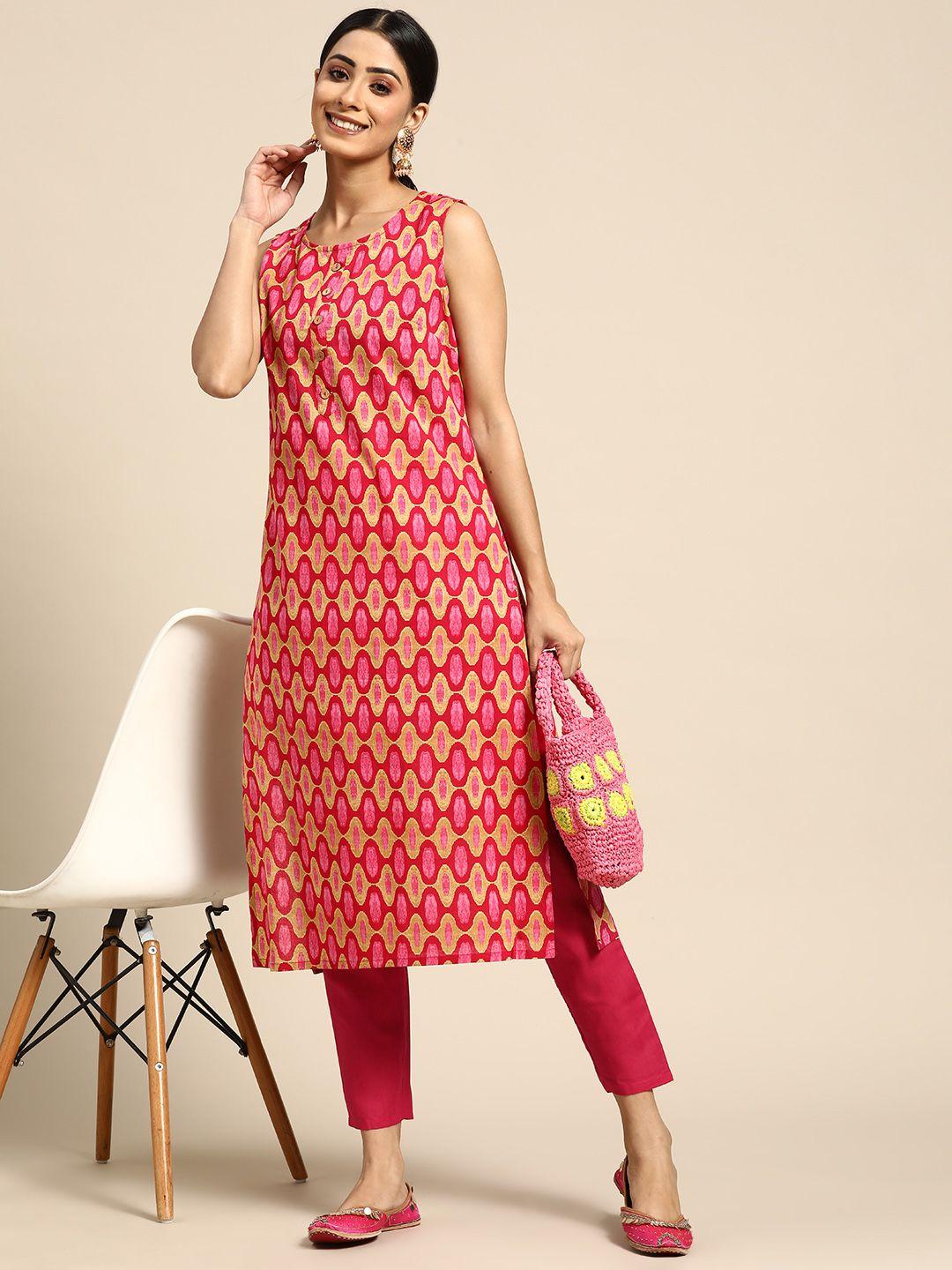 sangria women pink & beige ethnic motifs printed pure cotton kurta with trousers