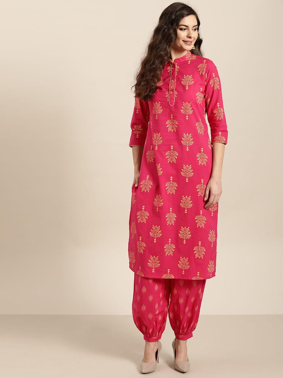 sangria women pink & beige pure cotton ethnic motif printed kurta with salwar