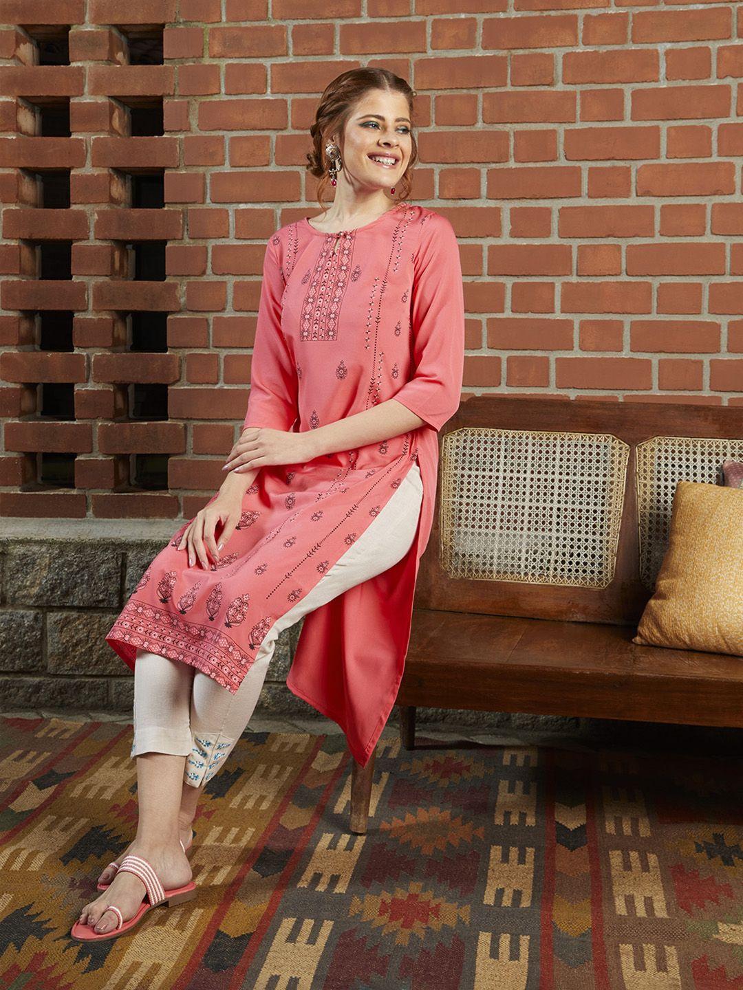 sangria women pink & black ethnic motifs printed keyhole neck kurta