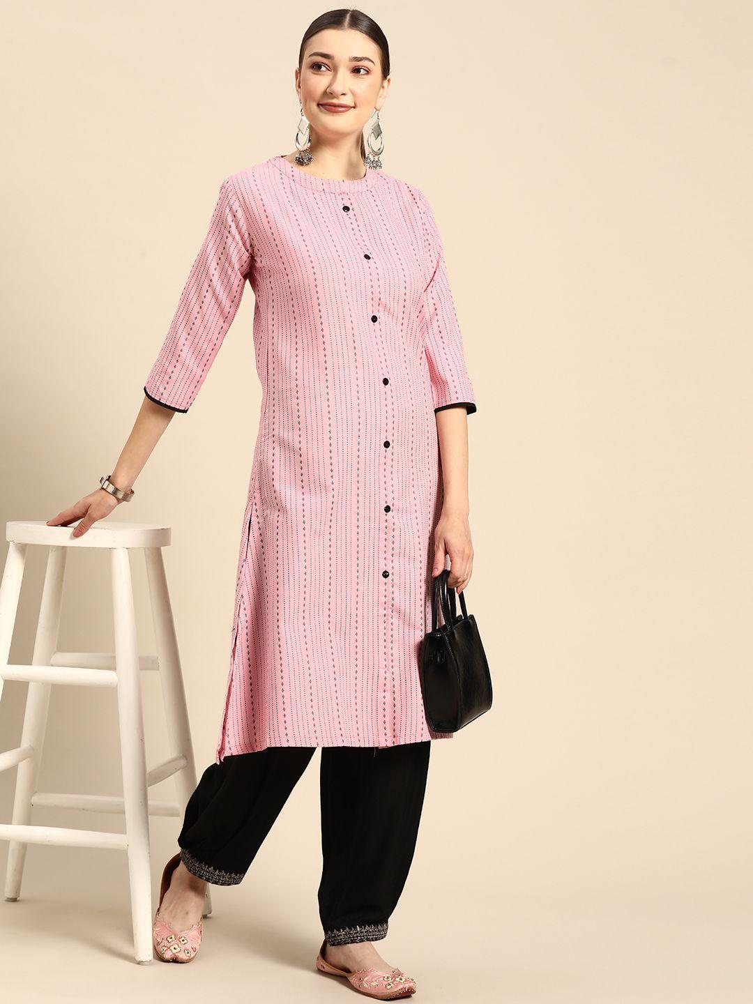 sangria women pink & black striped mandarin collar kurta