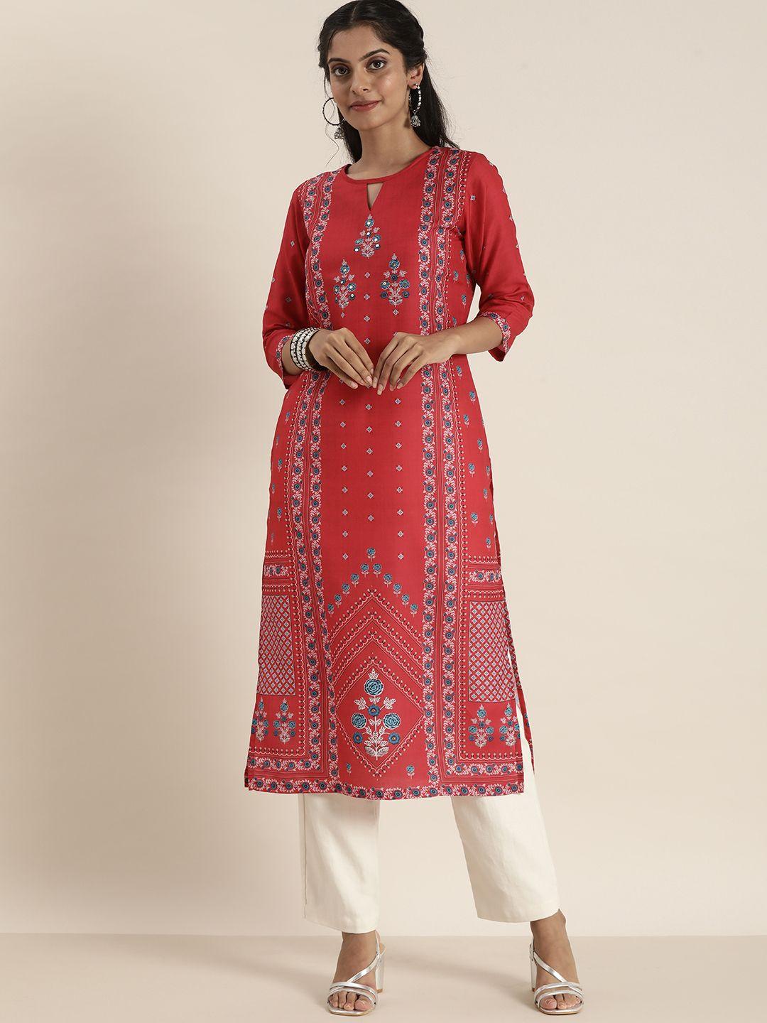 sangria women pink & blue ethnic motifs printed keyhole neck kurta with sequence detail