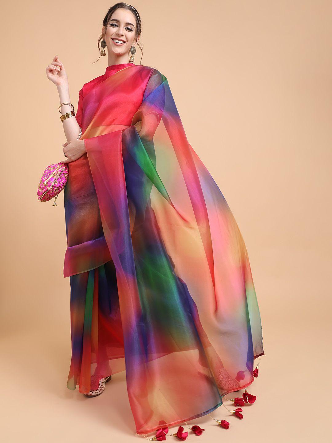 sangria women pink & blue ombre beads and stones organza saree