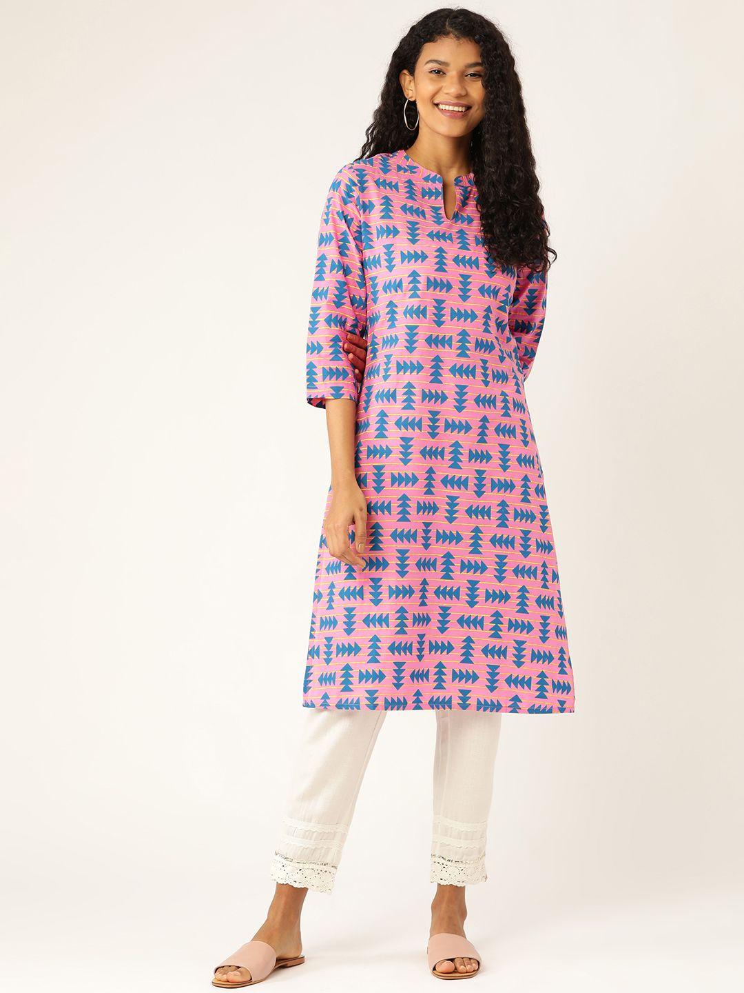 sangria women pink & blue printed straight kurta