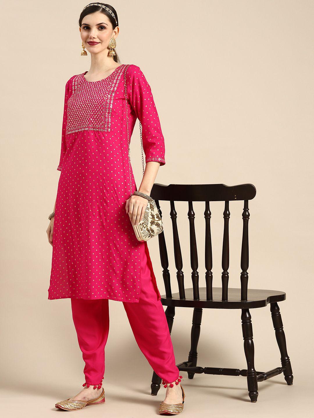 sangria women pink & golden geometric embroidered floral kurta