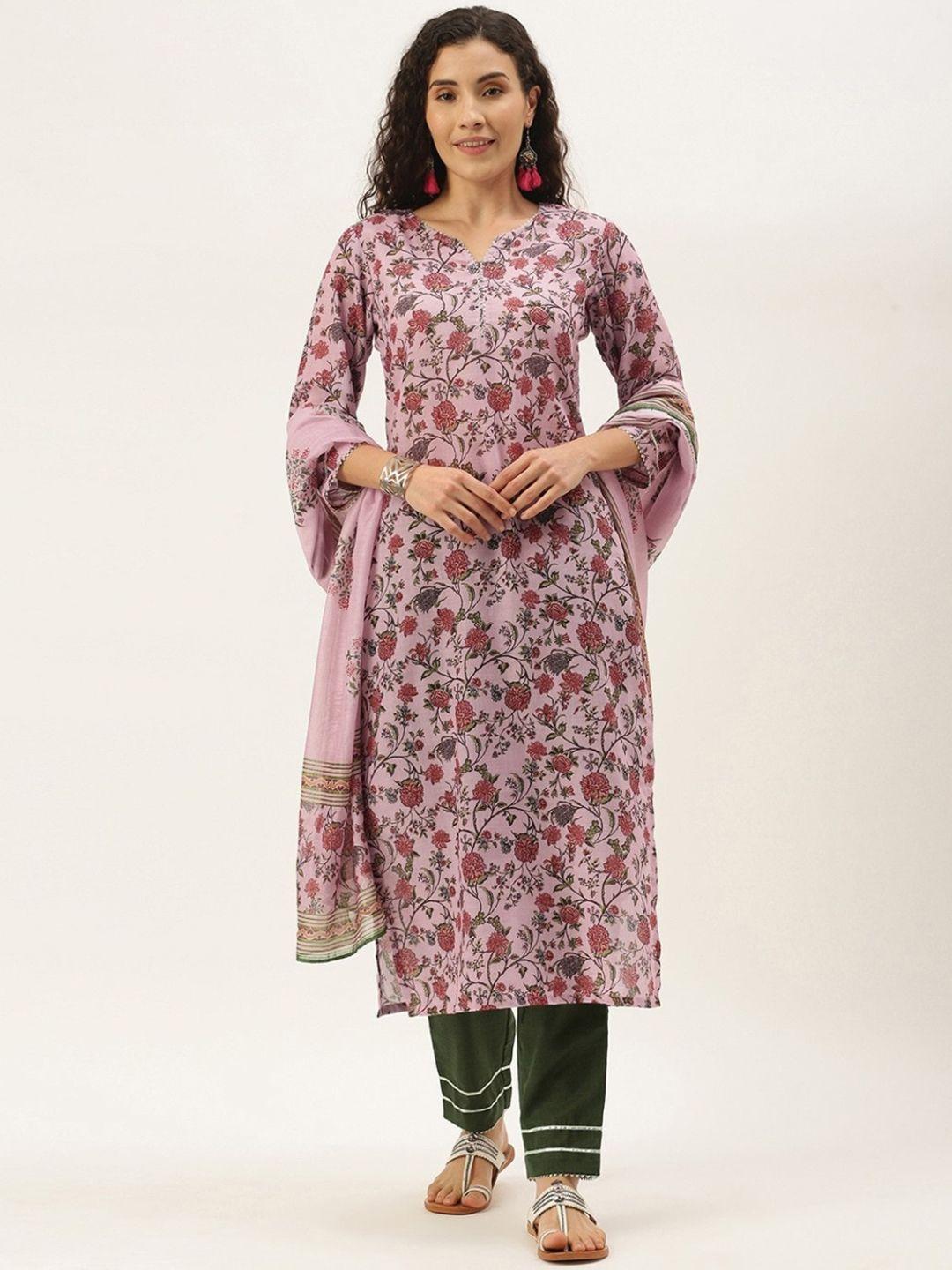 sangria women pink & green printed straight gotta patti kurta with trousers & dupatta