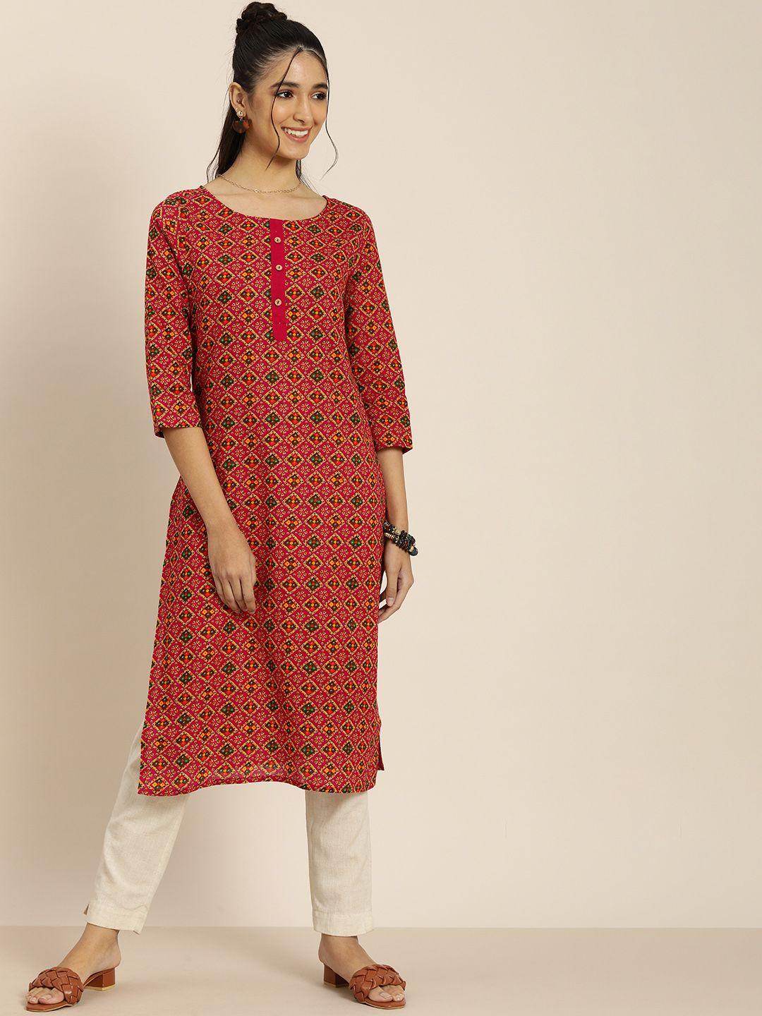 sangria women pink & green pure cotton bandhani printed kurta