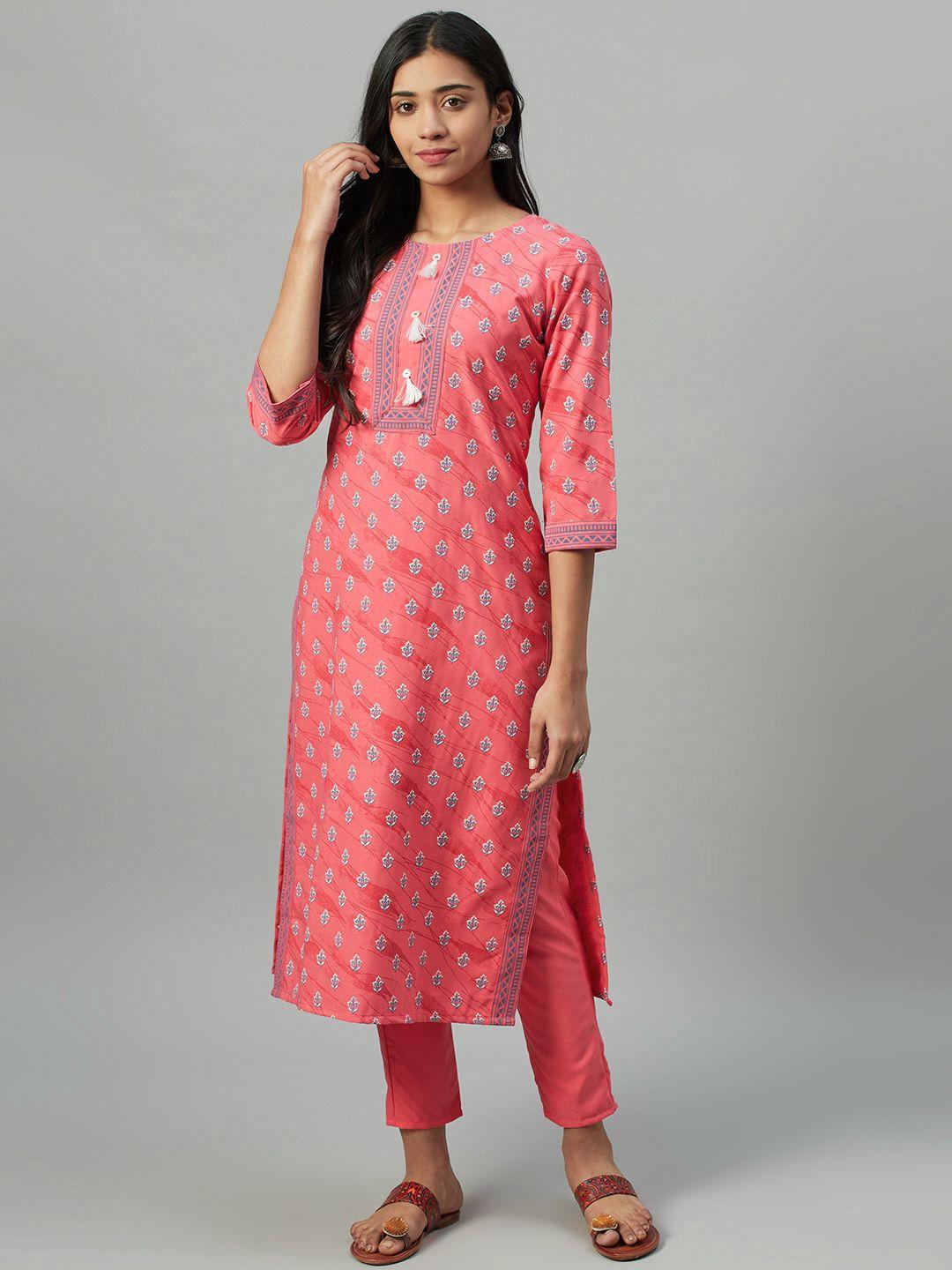 sangria women pink & grey screen print kurta with trousers