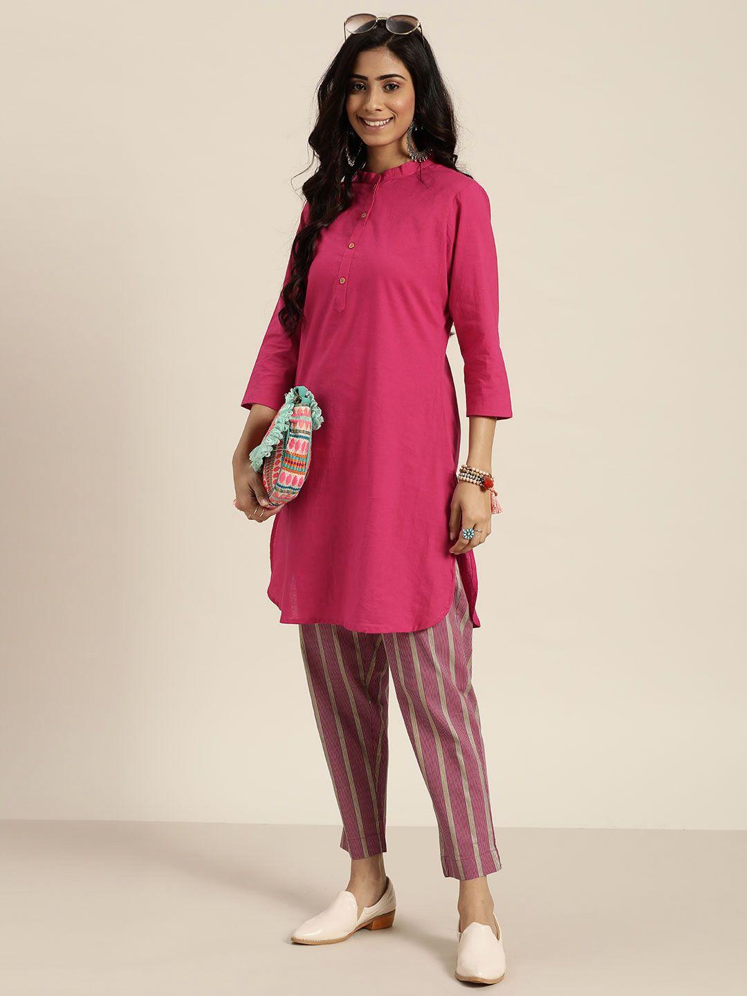 sangria women pink & grey solid pure cotton kurta with trousers