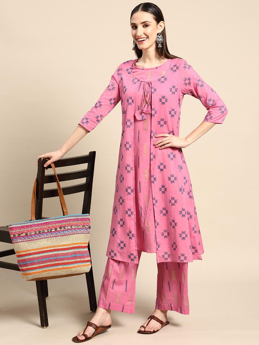 sangria women pink & navy blue ethnic motifs printed pure cotton kurta with palazzos