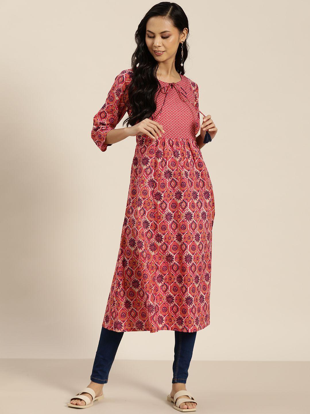 sangria women pink & navy blue ethnic motifs printed pure cotton kurta