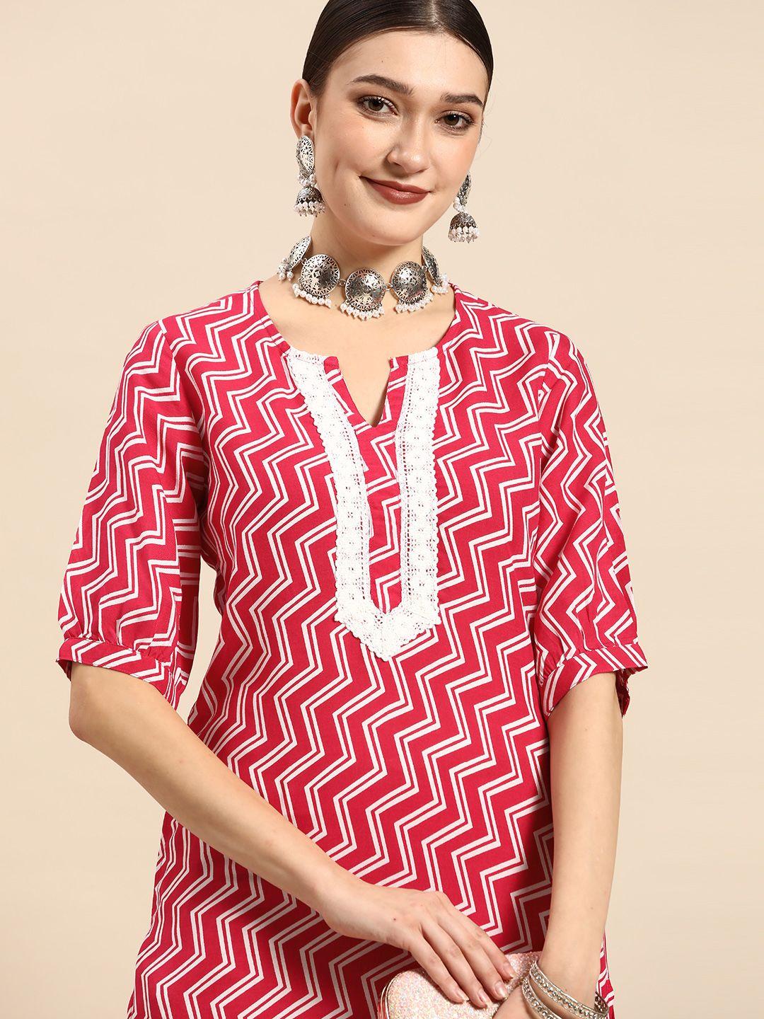 sangria women pink & white chevron printed gotta patti kurta with trousers