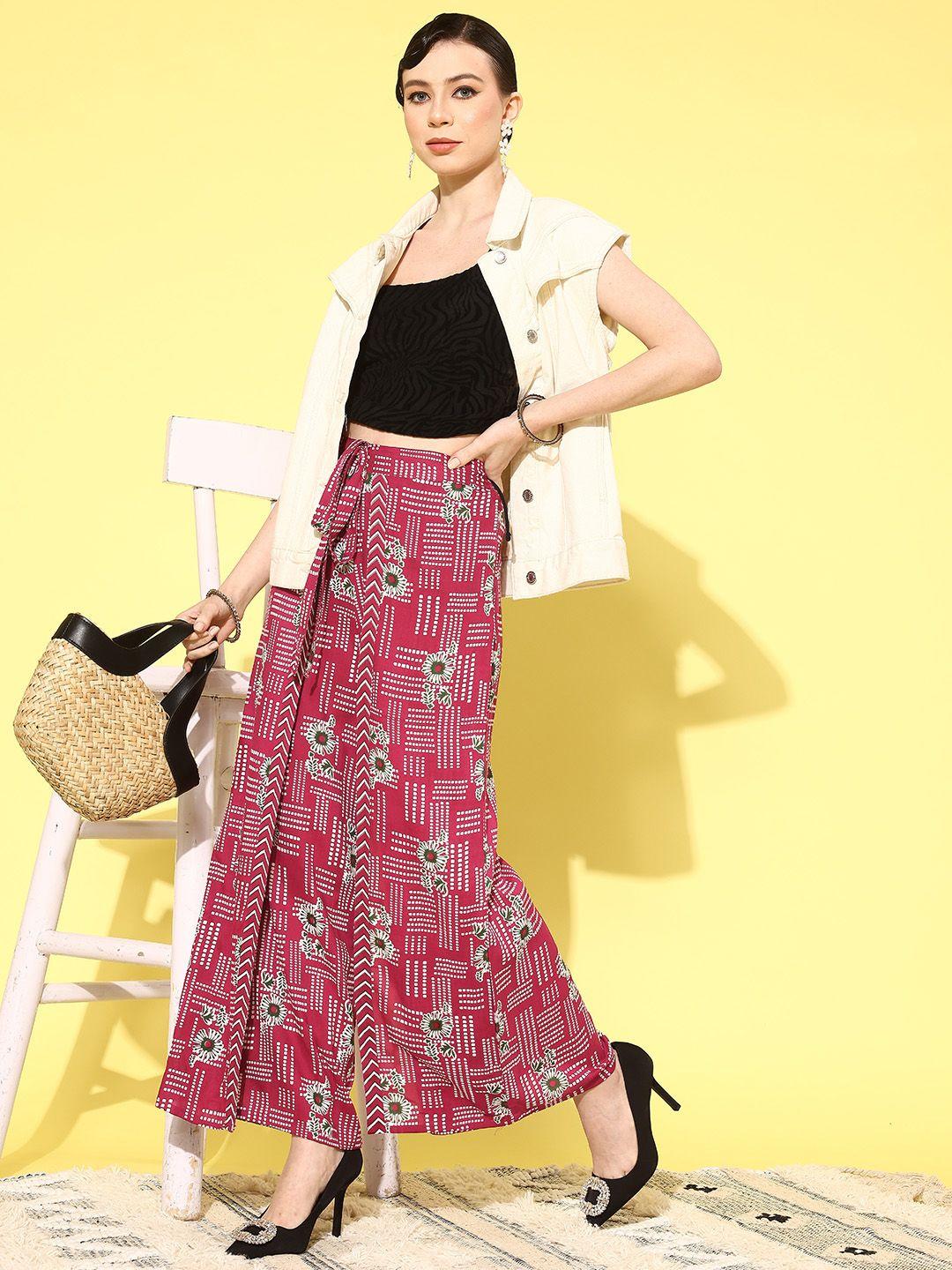 sangria women pink & white ethnic motifs printed flared ethnic palazzos