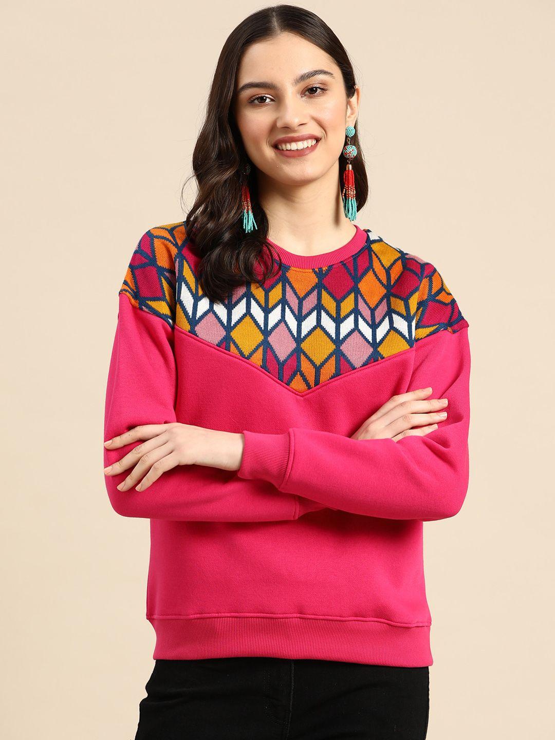 sangria women pink & white geometric sweatshirt