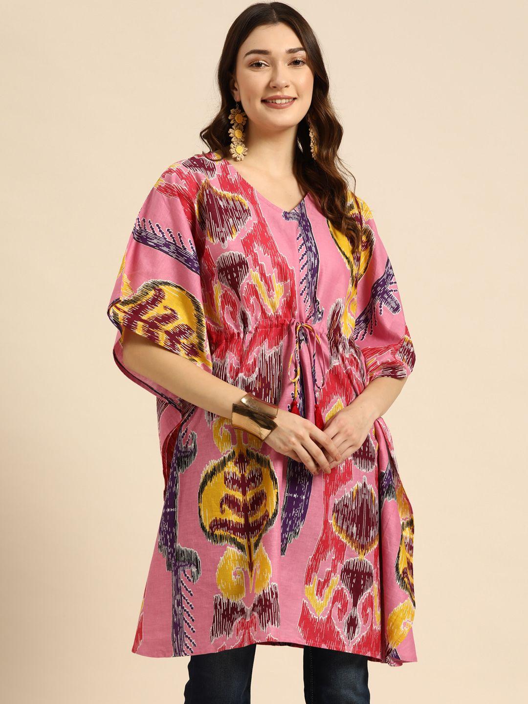 sangria women pink & yellow abstract print kaftan kurta