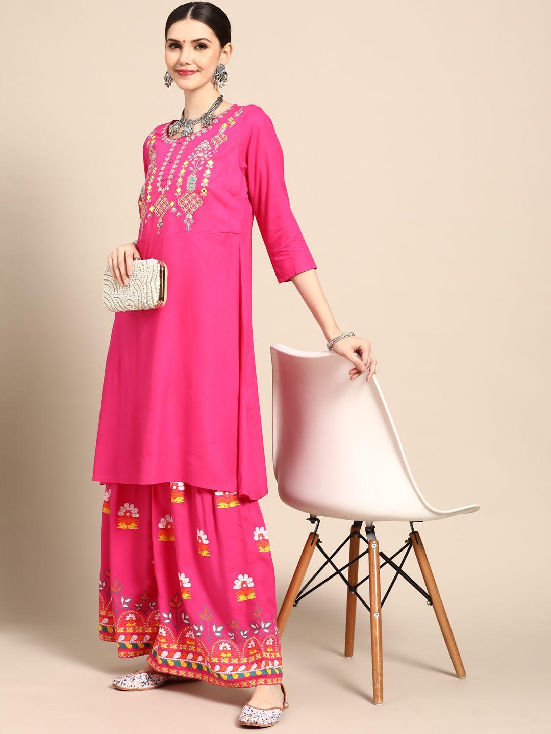 sangria women pink ethnic motifs embroidered pleated mirror work kurta with palazzos